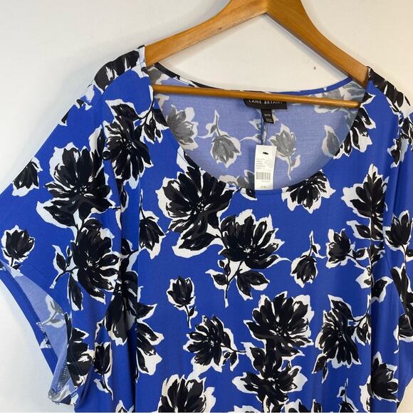 Lane Bryant Blue Black floral knit short sleeve belted dress womens 26 28 new - Picture 3 of 16